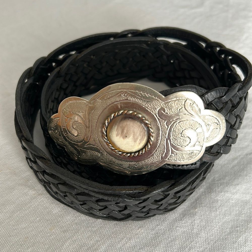 VTG Woven Black Leather Belt with Silver Buckle, Made in Morocco, Small, 35”